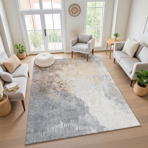 HomeRoots 9' X 12' Stylish Coral Beige Ivory Abstract Area Rug - Washable, UV Protected, Pet Friendly Design 705460