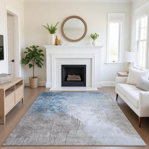 HomeRoots 5' X 8' Stylish Denim Blue Gray Ivory Abstract Area Rug – Washable, UV Protected, Family-Friendly Decor 705463
