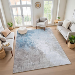 HomeRoots 5' X 8' Stylish Denim Blue Gray Ivory Abstract Area Rug – Washable, UV Protected, Family-Friendly Decor 705463