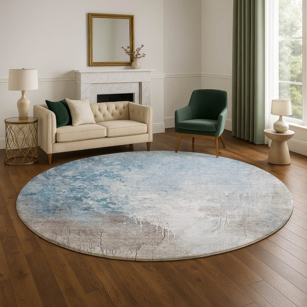 HomeRoots 8' Denim Blue Gray Ivory Abstract Washable Round Rug – Stain-Resistant & UV Protected for Comfort 705464