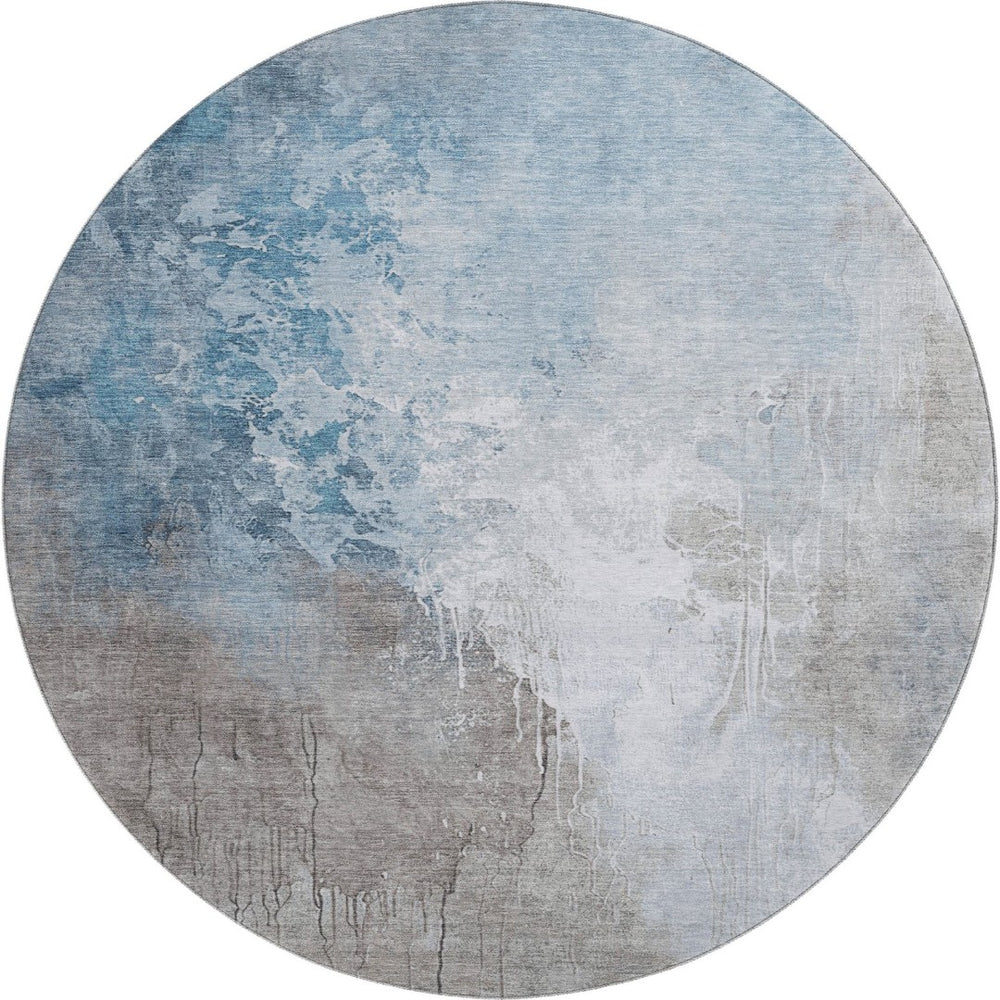 HomeRoots 8' Denim Blue Gray Ivory Abstract Washable Round Rug – Stain-Resistant & UV Protected for Comfort 705464