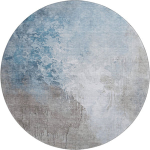 HomeRoots 8' Denim Blue Gray Ivory Abstract Washable Round Rug – Stain-Resistant & UV Protected for Comfort 705464