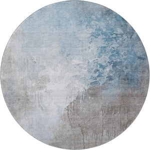 HomeRoots 8' Denim Blue Gray Ivory Abstract Washable Round Rug – Stain-Resistant & UV Protected for Comfort 705464