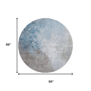 HomeRoots 8' Denim Blue Gray Ivory Abstract Washable Round Rug – Stain-Resistant & UV Protected for Comfort 705464