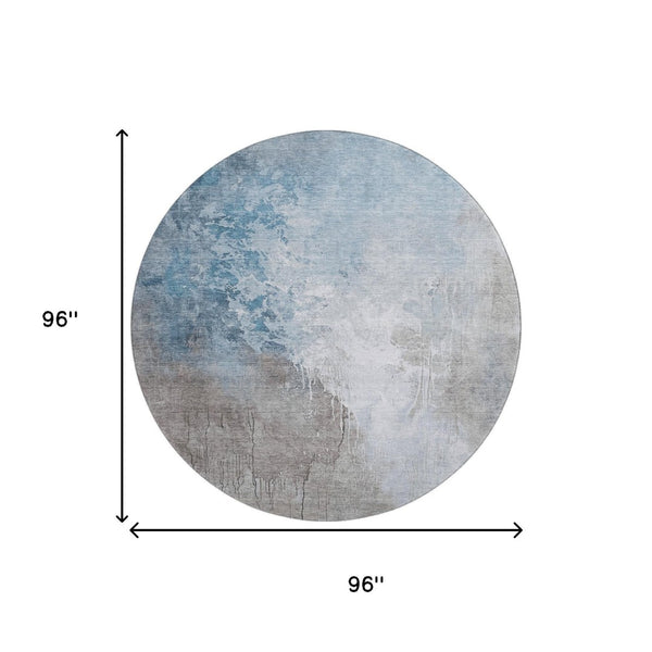 HomeRoots 8' Denim Blue Gray Ivory Abstract Washable Round Rug – Stain-Resistant & UV Protected for Comfort 705464