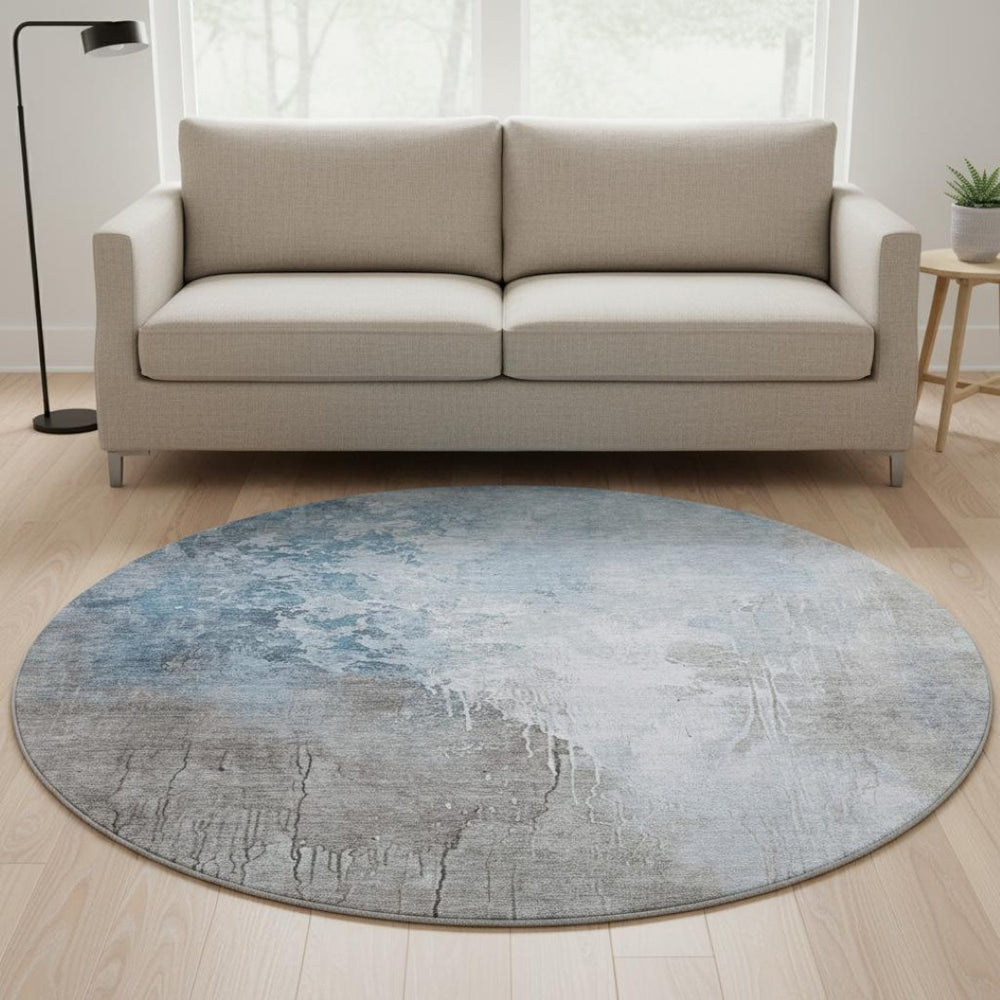 HomeRoots 8' Denim Blue Gray Ivory Abstract Washable Round Rug – Stain-Resistant & UV Protected for Comfort 705464