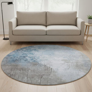HomeRoots 8' Denim Blue Gray Ivory Abstract Washable Round Rug – Stain-Resistant & UV Protected for Comfort 705464