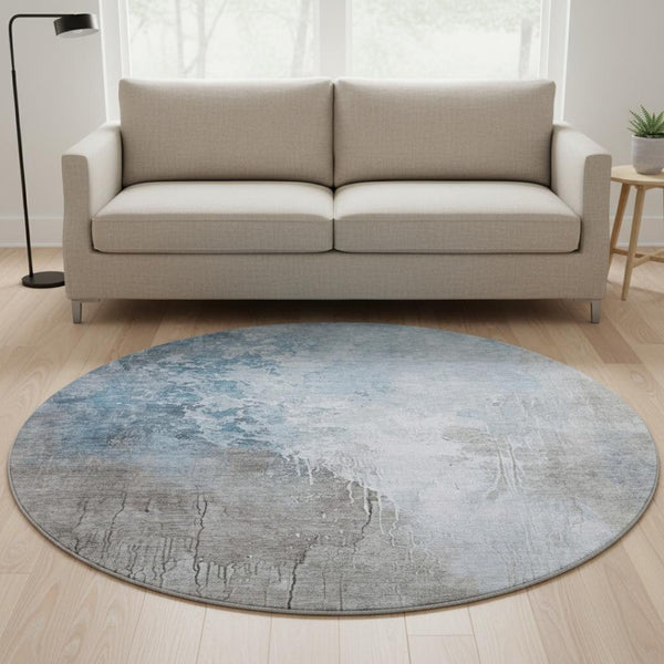HomeRoots 8' Denim Blue Gray Ivory Abstract Washable Round Rug – Stain-Resistant & UV Protected for Comfort 705464