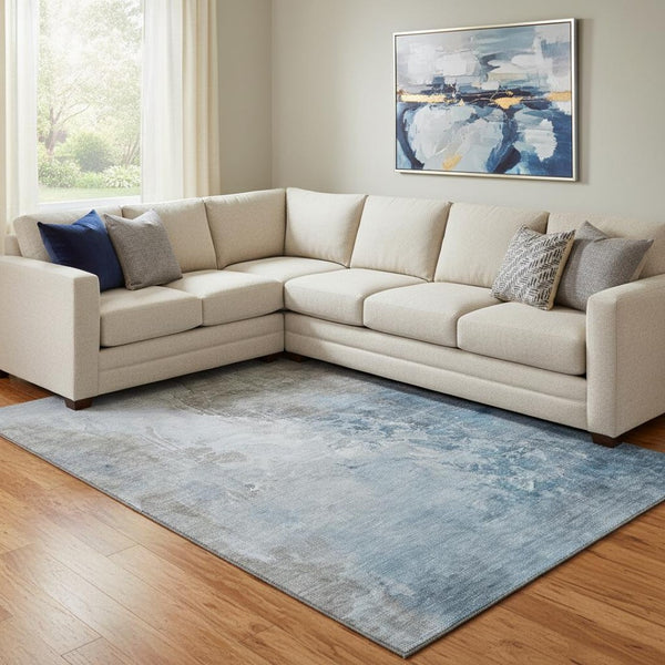 HomeRoots 8' X 10' Denim Blue Gray Ivory Abstract Area Rug – Machine-Washable, UV Protected & Non-Slip Backing 705465
