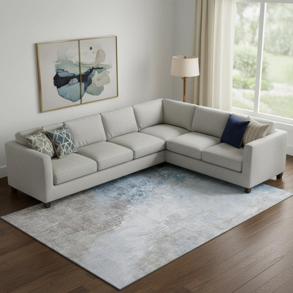 HomeRoots 9' X 12' Contemporary Denim Blue Gray Ivory Washable Area Rug with UV Protection for Homes 705466