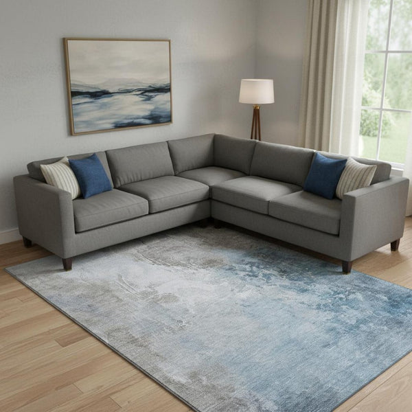 HomeRoots 10' Denim Blue Gray Ivory Abstract Washable Area Rug - UV Protected, Stain Resistant, Family-Friendly! 705467