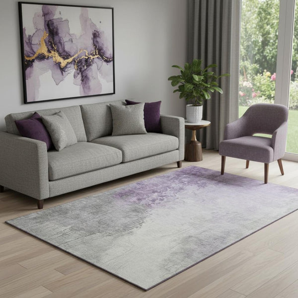 HomeRoots 5' x 8' Abstract Lavender and Ivory Area Rug - Washable, Durable, UV-Protected for High-Traffic Spaces 705469