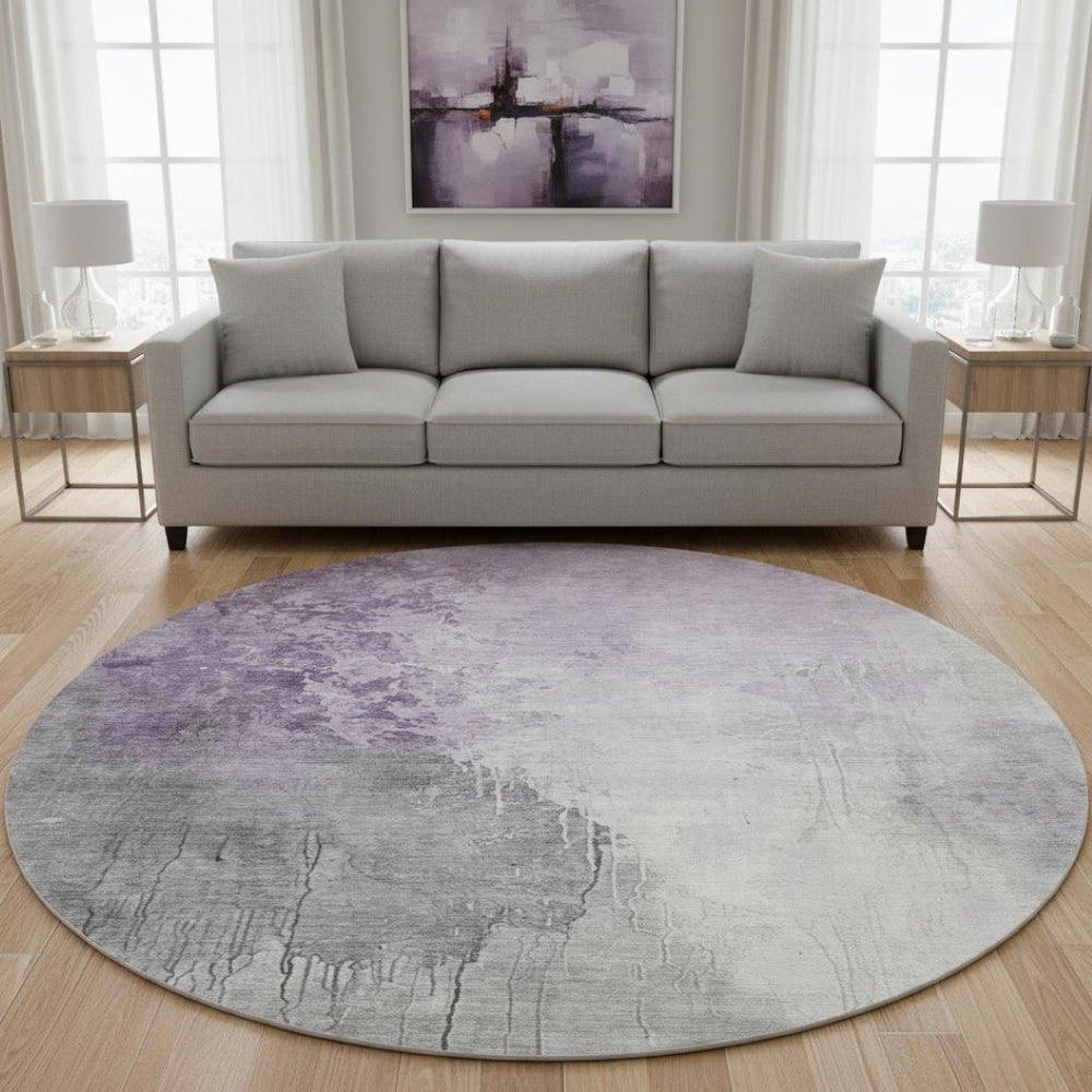 HomeRoots 8' Lavender and Ivory Abstract Washable Round Rug - UV Protected, Stain Resistant, Modern Design 705470