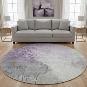 HomeRoots 8' Lavender and Ivory Abstract Washable Round Rug - UV Protected, Stain Resistant, Modern Design 705470