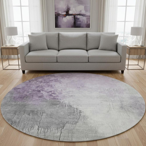 HomeRoots 8' Lavender and Ivory Abstract Washable Round Rug - UV Protected, Stain Resistant, Modern Design 705470