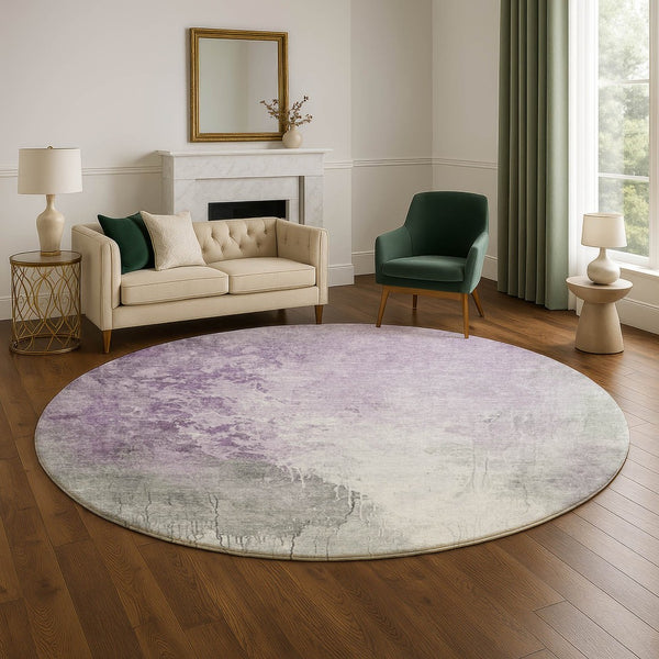 HomeRoots 8' Lavender and Ivory Abstract Washable Round Rug - UV Protected, Stain Resistant, Modern Design 705470