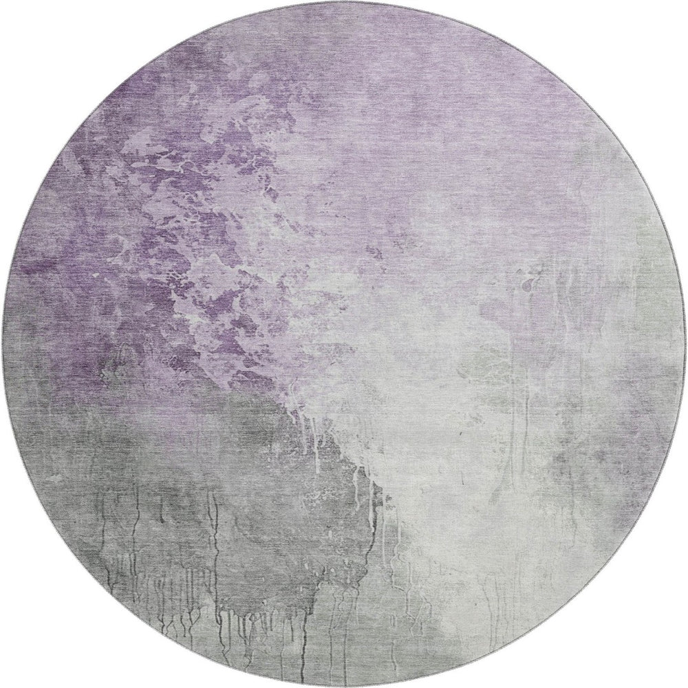HomeRoots 8' Lavender and Ivory Abstract Washable Round Rug - UV Protected, Stain Resistant, Modern Design 705470