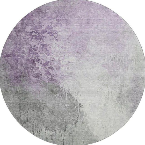 HomeRoots 8' Lavender and Ivory Abstract Washable Round Rug - UV Protected, Stain Resistant, Modern Design 705470