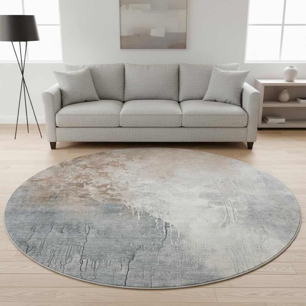 HomeRoots 8' Washable Round Rug in Rust Gray Ivory – Abstract Design with UV Protection & Stain Resistance 705476