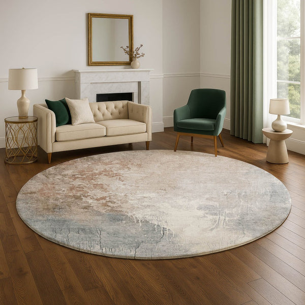 HomeRoots 8' Washable Round Rug in Rust Gray Ivory – Abstract Design with UV Protection & Stain Resistance 705476