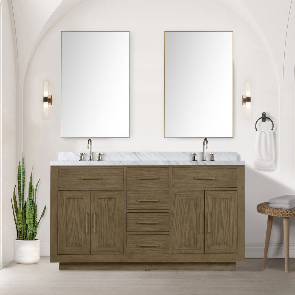 English Elm Grey Oak Double Bath Vanity With Carrara Marble Top & Two 28" Mirrors - Stylish Storage Solution! B2731S01534