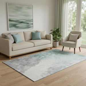 HomeRoots 5' X 8' Pale Aqua Ivory Abstract Washable Area Rug with UV Protection for Modern Living Spaces 705481