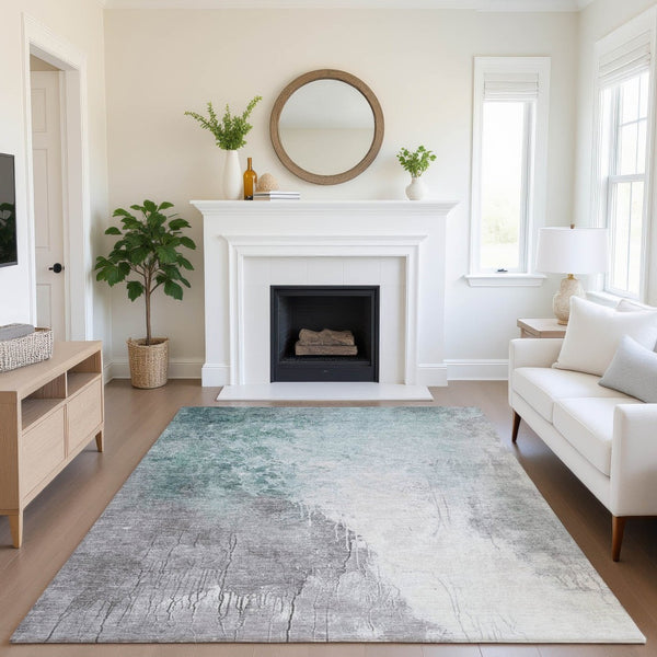HomeRoots 5' X 8' Pale Aqua Ivory Abstract Washable Area Rug with UV Protection for Modern Living Spaces 705481