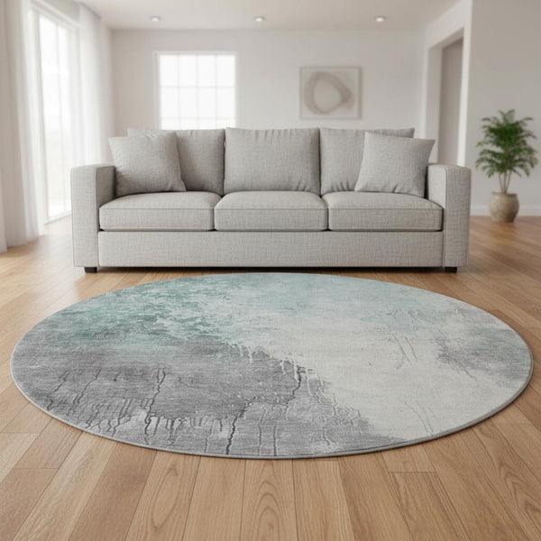 HomeRoots 8' Pale Aqua and Ivory Abstract Round Rug - Washable, UV-Protected, Durable, Ideal for High-Traffic Areas 705482