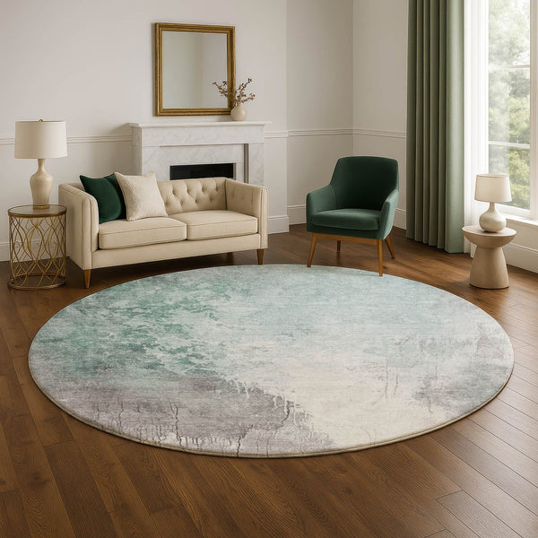HomeRoots 8' Pale Aqua and Ivory Abstract Round Rug - Washable, UV-Protected, Durable, Ideal for High-Traffic Areas 705482