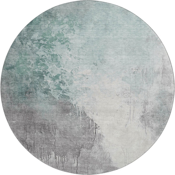 HomeRoots 8' Pale Aqua and Ivory Abstract Round Rug - Washable, UV-Protected, Durable, Ideal for High-Traffic Areas 705482