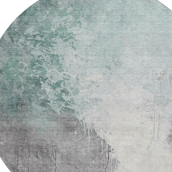 HomeRoots 8' Pale Aqua and Ivory Abstract Round Rug - Washable, UV-Protected, Durable, Ideal for High-Traffic Areas 705482