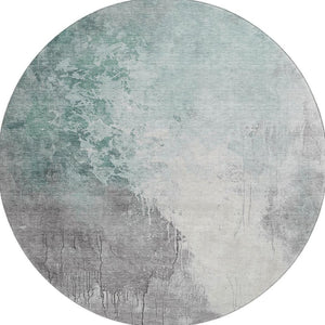 HomeRoots 8' Pale Aqua and Ivory Abstract Round Rug - Washable, UV-Protected, Durable, Ideal for High-Traffic Areas 705482