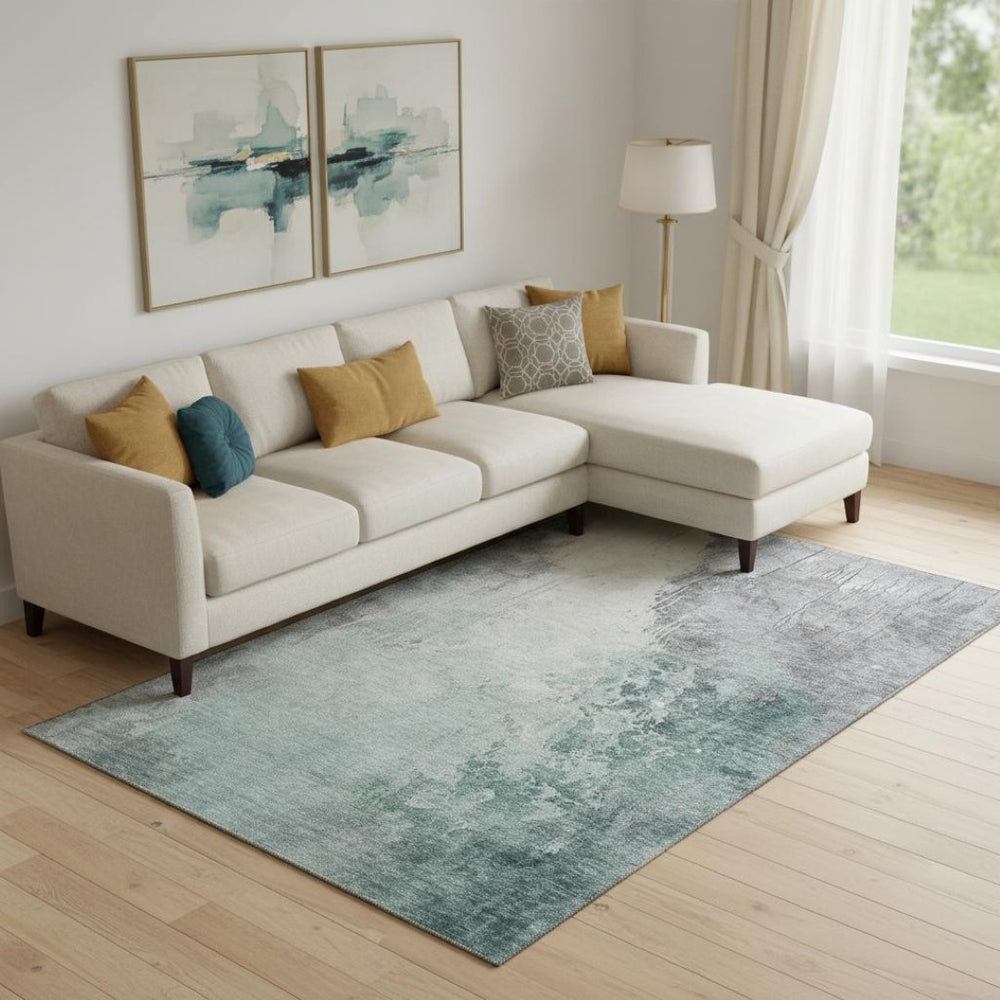 HomeRoots 9' X 12' Abstract Pale Aqua and Ivory Washable Area Rug with Stain Resistance and UV Protection 705484