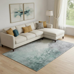 HomeRoots 9' X 12' Abstract Pale Aqua and Ivory Washable Area Rug with Stain Resistance and UV Protection 705484