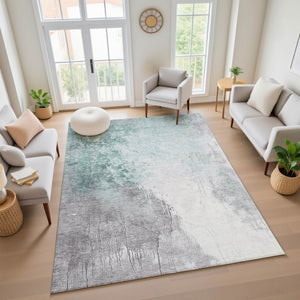 HomeRoots 9' X 12' Abstract Pale Aqua and Ivory Washable Area Rug with Stain Resistance and UV Protection 705484