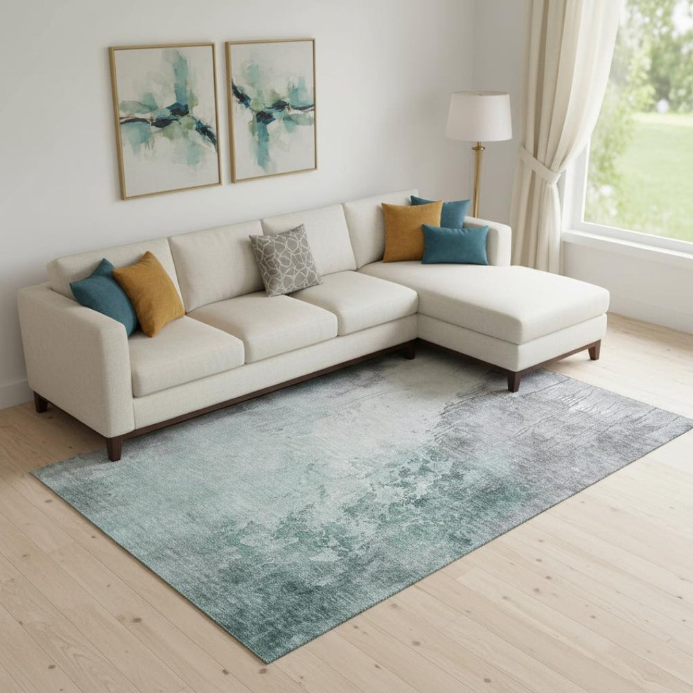 HomeRoots 10' X 14' Abstract Washable Area Rug in Pale Aqua & Ivory - UV Protected, Durable, Stylish Design 705485