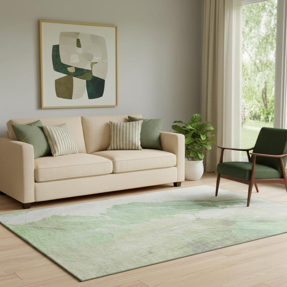 HomeRoots 5' Artichoke Green and Ivory Abstract Area Rug – Washable, UV-Protected, Stain-Resistant Design! 705487