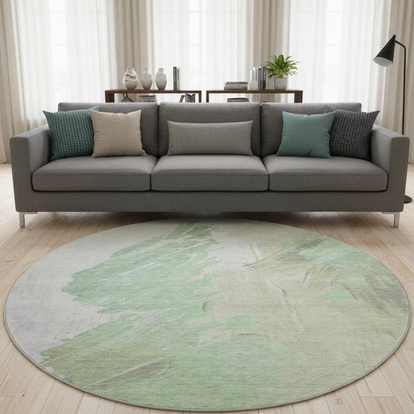 HomeRoots 8' Artichoke Green & Ivory Abstract Round Rug - UV Protected, Stain-Resistant, Modern Design for Durability 705488