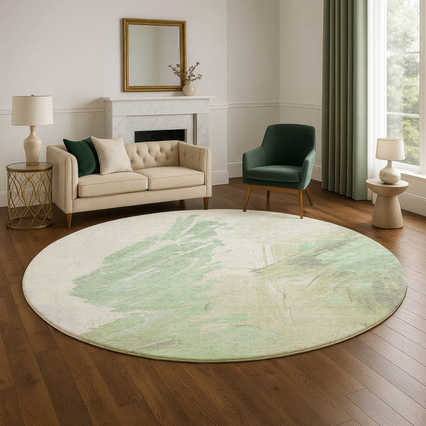 HomeRoots 8' Artichoke Green & Ivory Abstract Round Rug - UV Protected, Stain-Resistant, Modern Design for Durability 705488