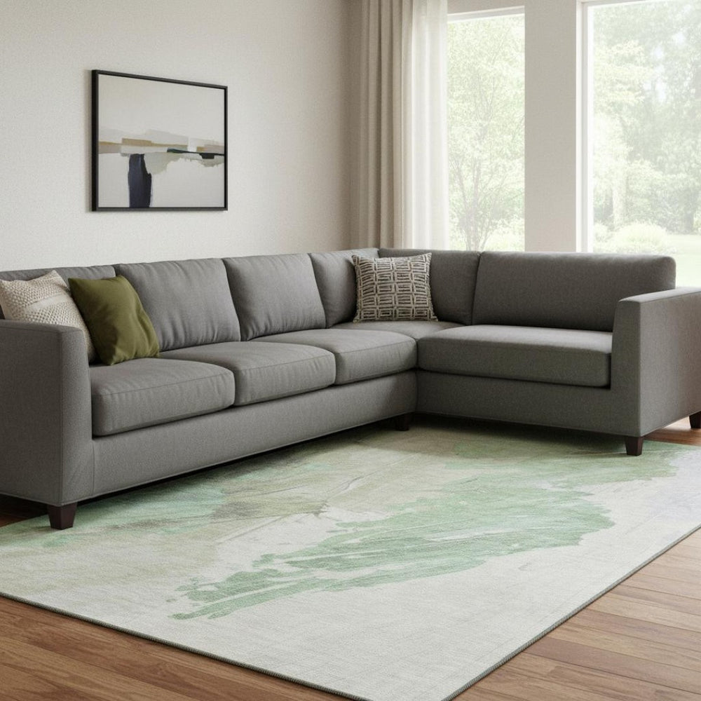HomeRoots 8' X 10' Artichoke Green & Ivory Abstract Area Rug - Washable, UV Protected, Ideal for High-Traffic Spaces 705489
