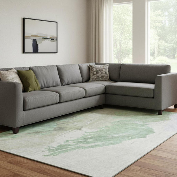 HomeRoots 8' X 10' Artichoke Green & Ivory Abstract Area Rug - Washable, UV Protected, Ideal for High-Traffic Spaces 705489