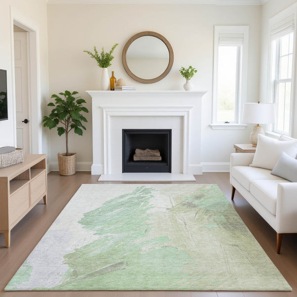 HomeRoots 8' X 10' Artichoke Green & Ivory Abstract Area Rug - Washable, UV Protected, Ideal for High-Traffic Spaces 705489