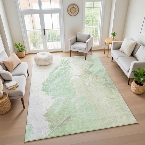 HomeRoots 8' X 10' Artichoke Green & Ivory Abstract Area Rug - Washable, UV Protected, Ideal for High-Traffic Spaces 705489