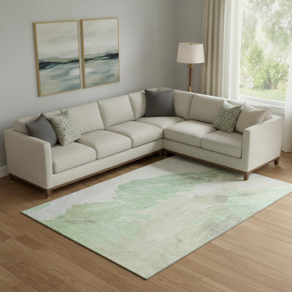 HomeRoots 10' Abstract Area Rug in Artichoke Green & Ivory - Washable, UV Protected, Perfect for Family Spaces 705491