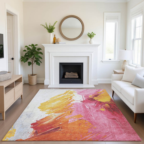 HomeRoots 5' X 8' Blush Yellow Ivory Abstract Area Rug - Washable, UV Protected, Non-Slip for Busy Homes 705493