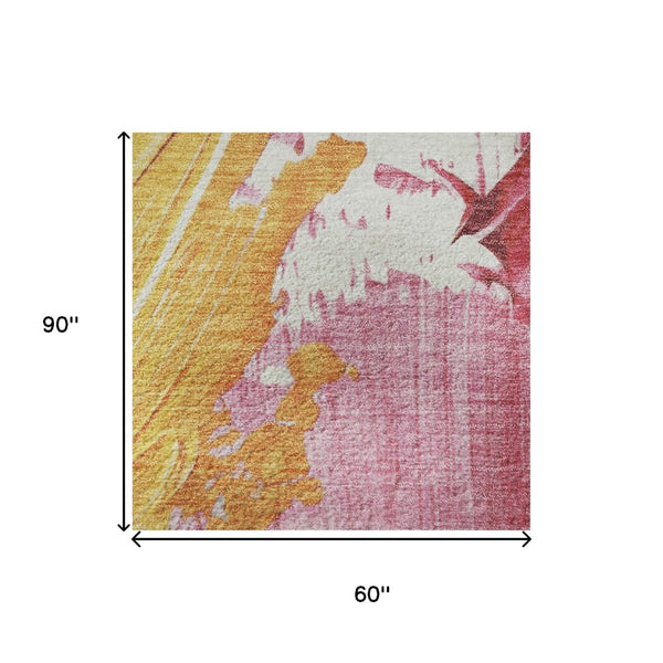 HomeRoots 5' X 8' Blush Yellow Ivory Abstract Area Rug - Washable, UV Protected, Non-Slip for Busy Homes 705493