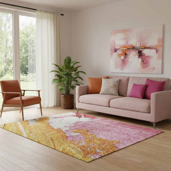 HomeRoots 5' X 8' Blush Yellow Ivory Abstract Area Rug - Washable, UV Protected, Non-Slip for Busy Homes 705493