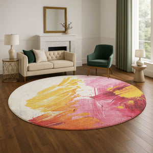 HomeRoots 8' Blush Yellow & Ivory Abstract Washable Round Rug - Durable, UV Protected, Perfect for Busy Homes! 705494