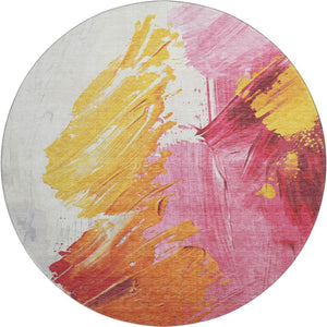 HomeRoots 8' Blush Yellow & Ivory Abstract Washable Round Rug - Durable, UV Protected, Perfect for Busy Homes! 705494