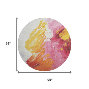 HomeRoots 8' Blush Yellow & Ivory Abstract Washable Round Rug - Durable, UV Protected, Perfect for Busy Homes! 705494